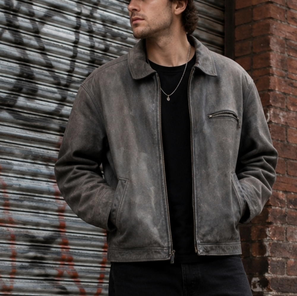 Timberland Distressed Charcoal Leather Bomber Jacket